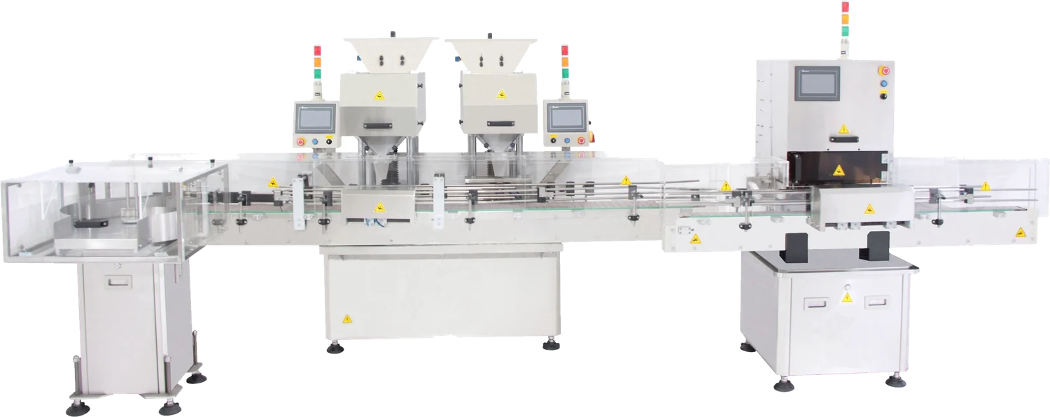 Complete bottle packaging line: infeed table, counter, desiccant and cotton inserters, capper, induction sealer, heating tunnel and labeler on one conveyor